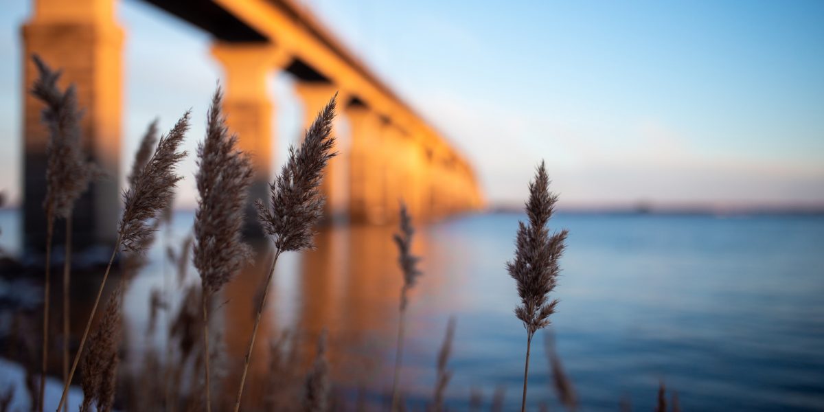 Landskapsbild på Ölandsbron i solnedgång