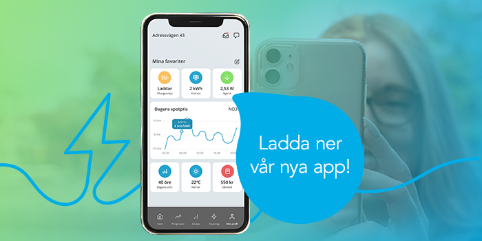 Tjej med mobil med uppmaning att ladda ner vår app.