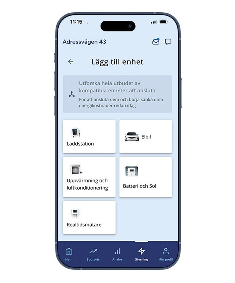 Smartphone med Kalmar Energis app som visar menyn ’Lägg till enhet’, med val för bland annat laddstation, elbil, uppvärmning, batteri och sol samt smart realtidsmätare.