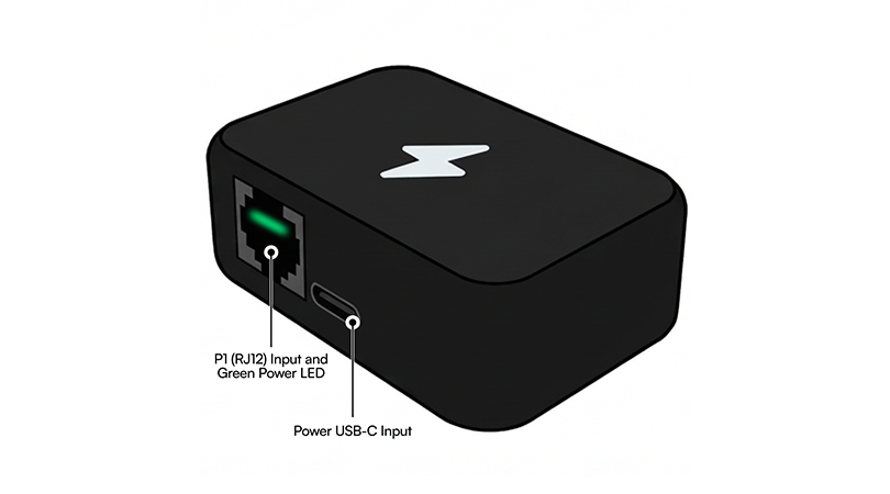 3D‑rendering av Zap, en realtidsmätare med RJ12‑port, USB‑C‑anslutning och grön status-LED.